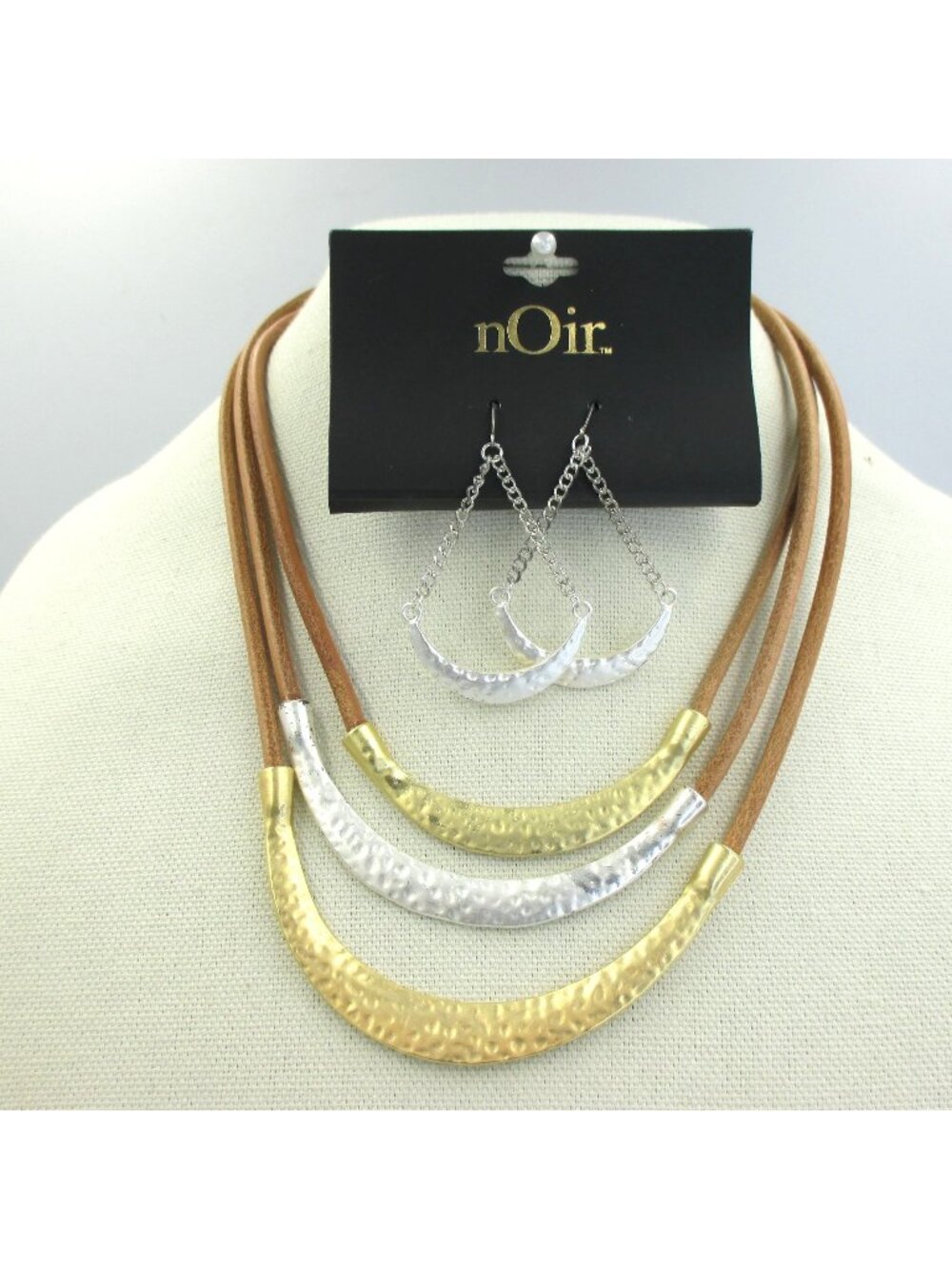 Noir Hammered Silver tone Necklace Earring Set Artisian Earthy Texture NWT $52